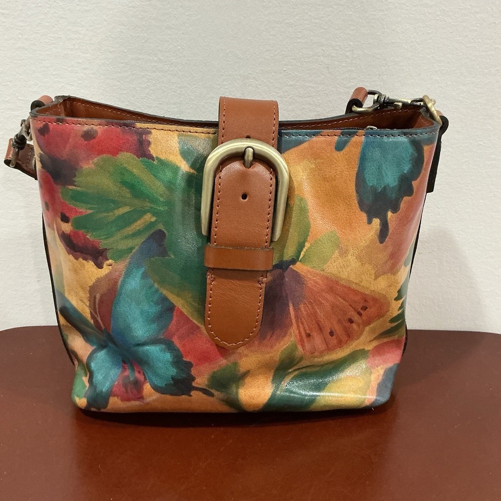 Patricia Nash Irving Bucket Crossbody Bag Watercolor Butterfly Leather Strap